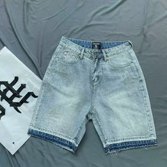 Mixed Emotion Washed Denim Shorts – White Rhinestone Print