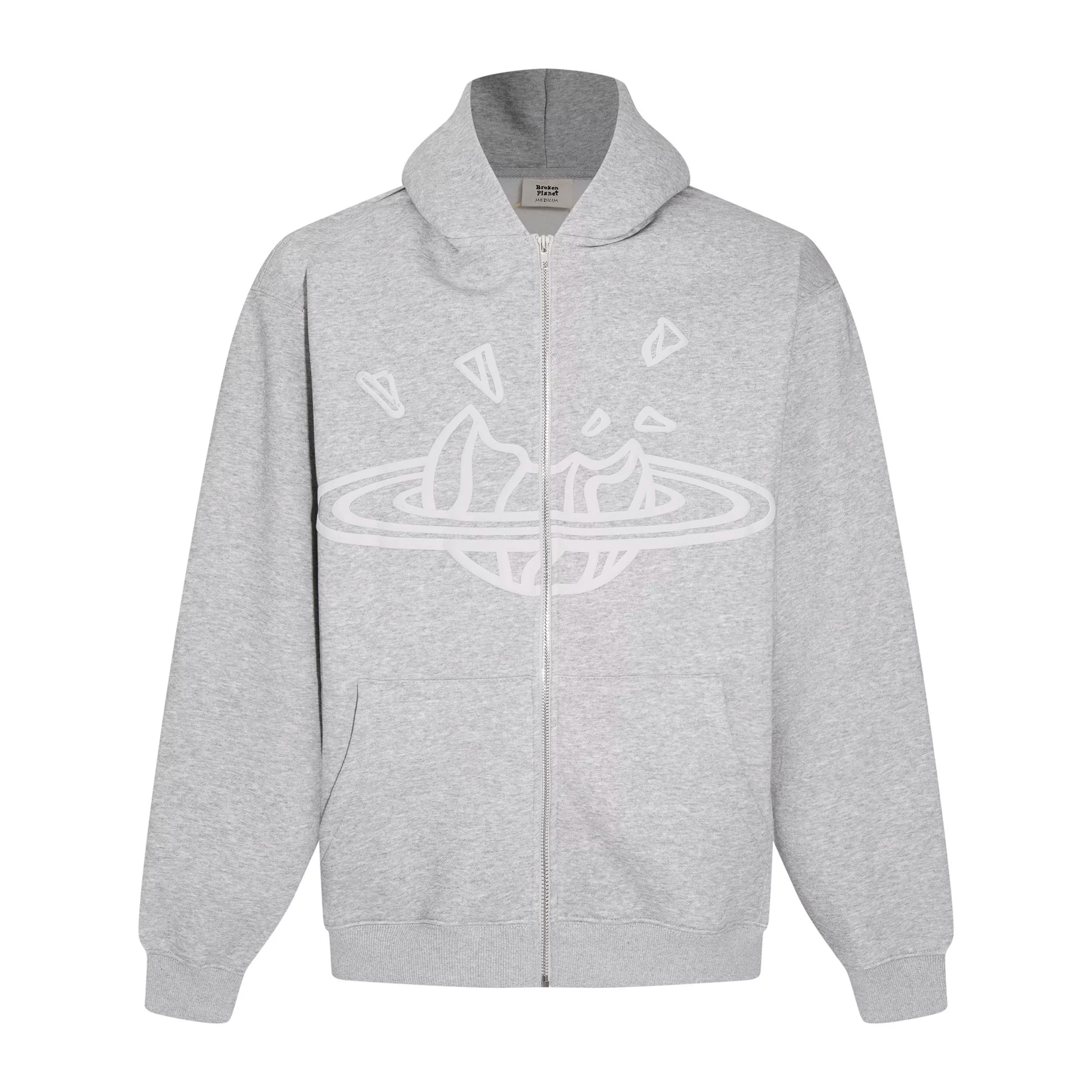 Broken Planet Outline Cracked Planet Grey Zip Hoodie