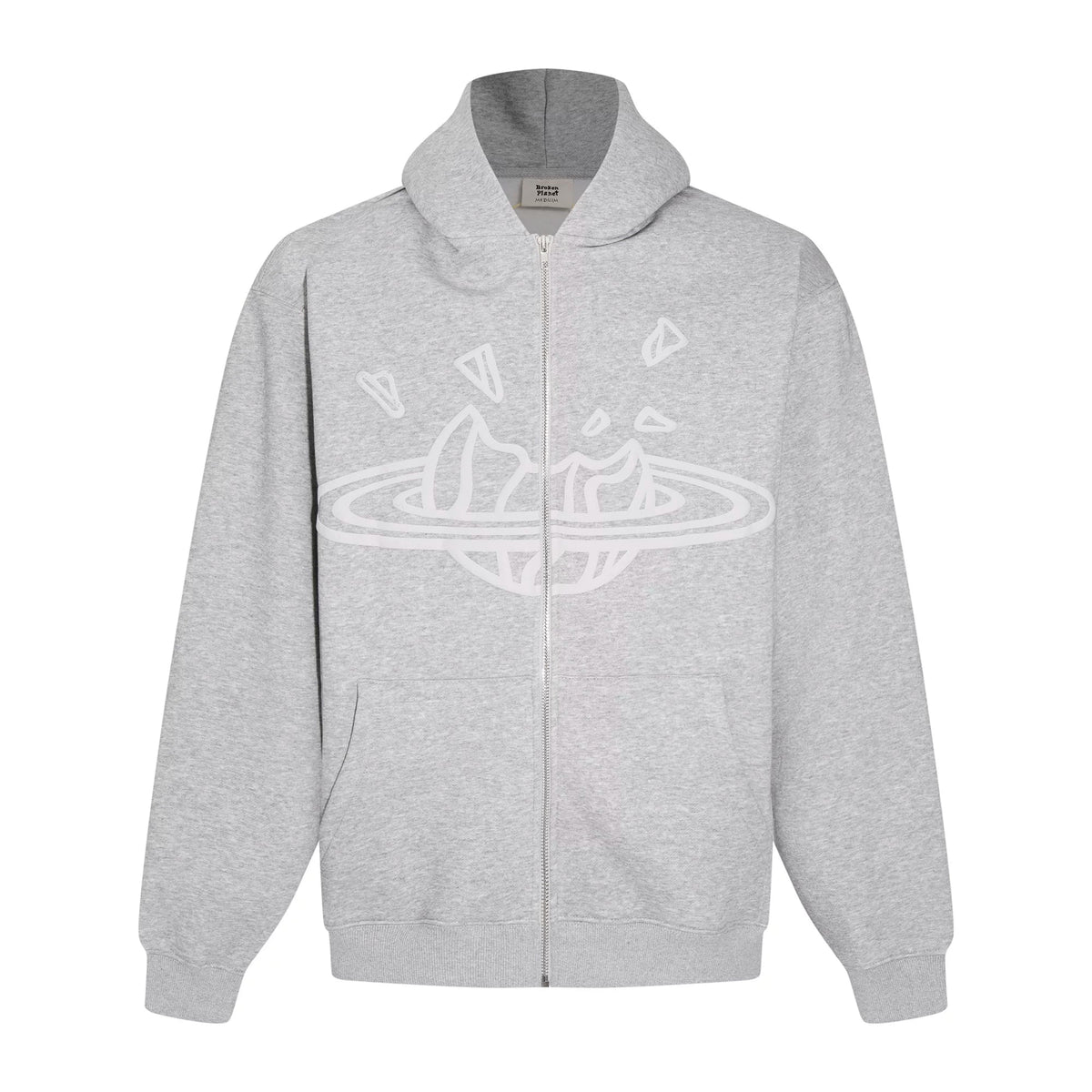Broken Planet Outline Cracked Planet Grey Zip Hoodie