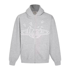 Broken Planet Outline Cracked Planet Grey Zip Hoodie