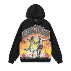 Mixed Emotion Skeleton Graphic Zip‑Up Hoodie Sweatpants Set