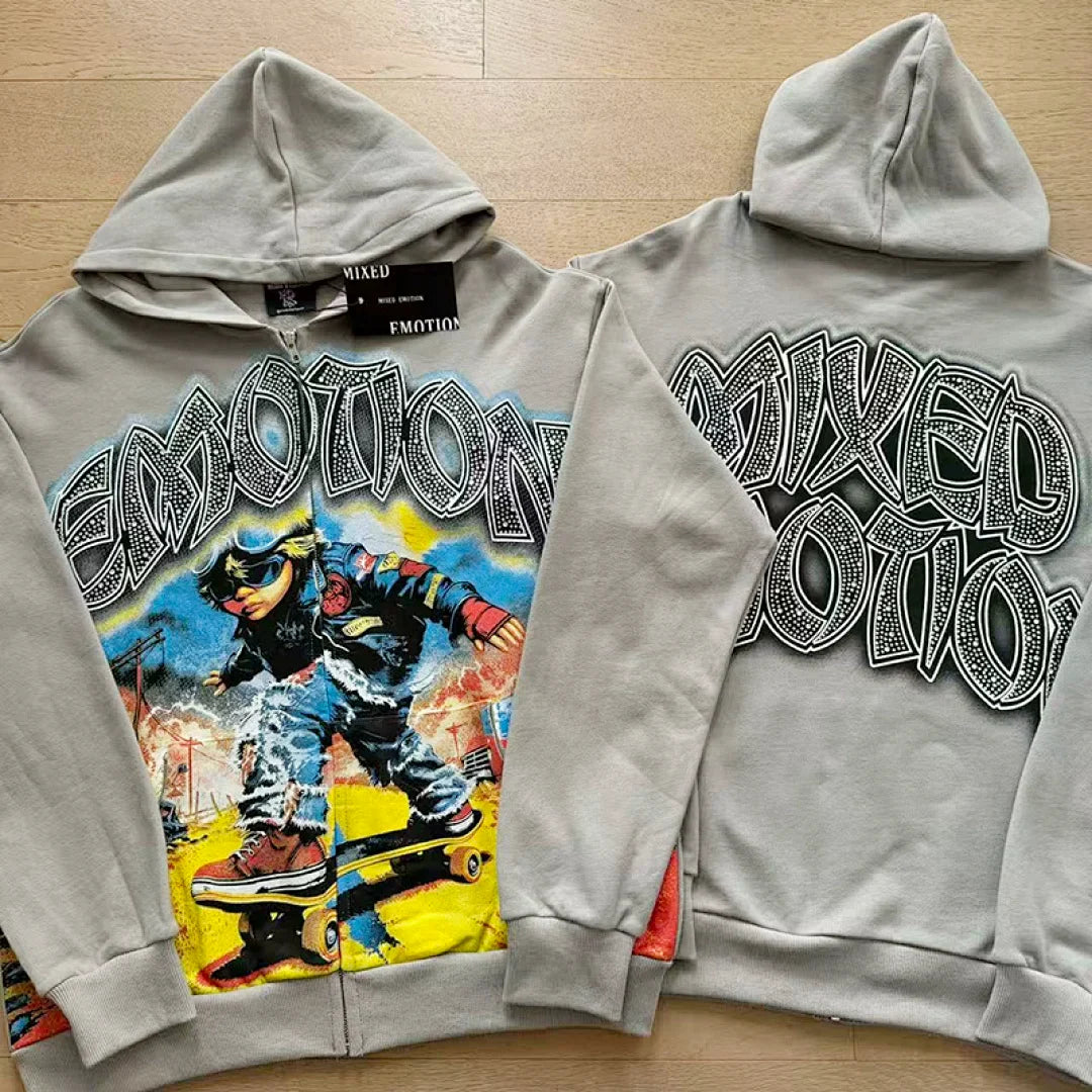 Mixed Emotion Skater Boy Graphic Zip‑Up Hoodie