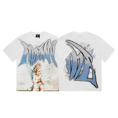 Mixed Emotion White Tee – Rhinestone Graffiti Angel Dove Print