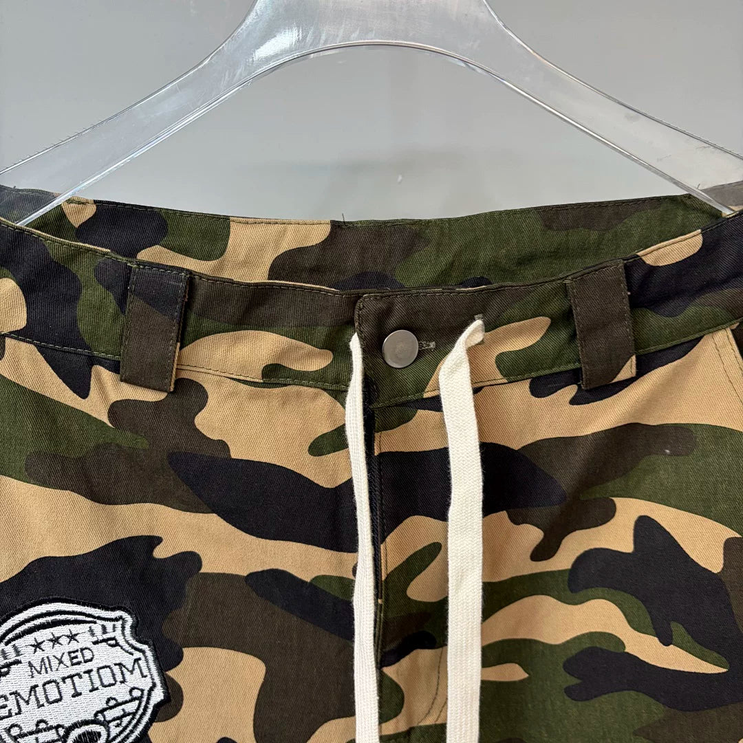 Mixed Emotion Camo Multi‑Patch Cargo Shorts