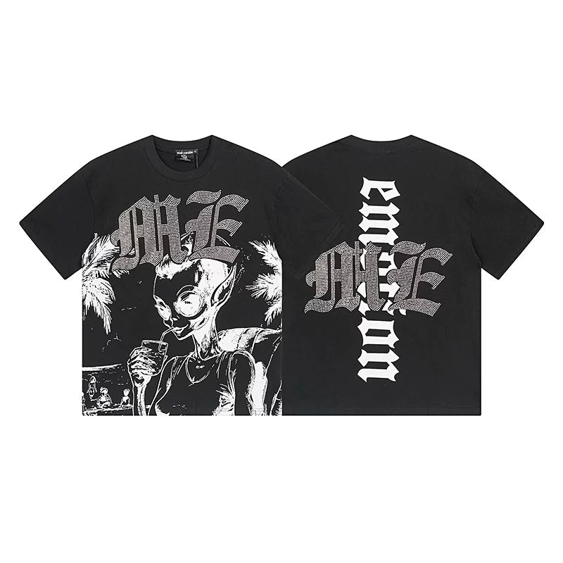Mixed Emotion Black Tee – Gothic Cross Alien Print