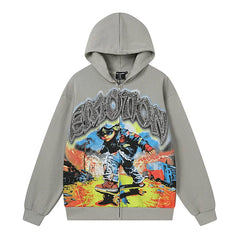 Mixed Emotion Skater Boy Graphic Zip‑Up Hoodie