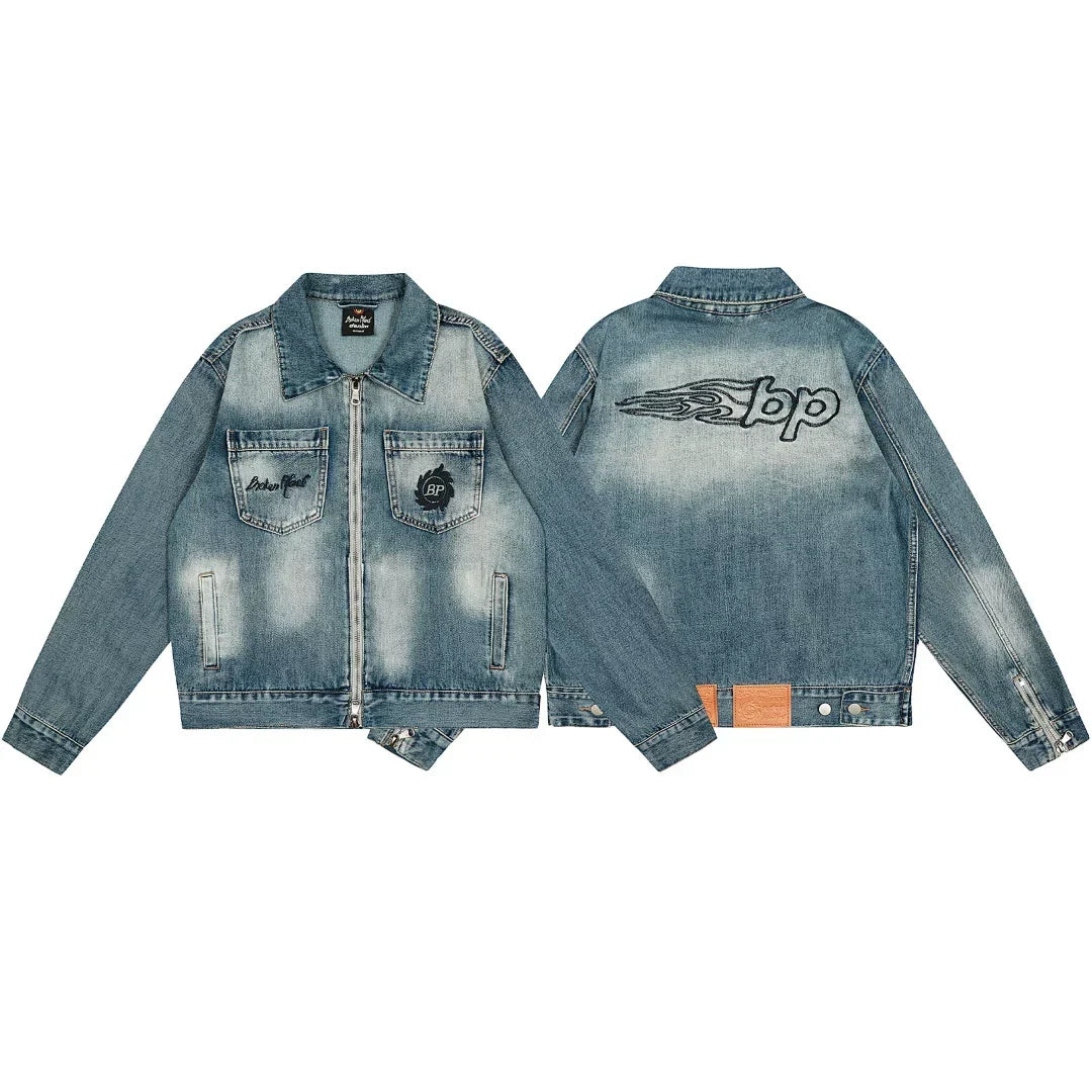 Broken Planet Flame BP Logo Washed Zip Denim Jacket