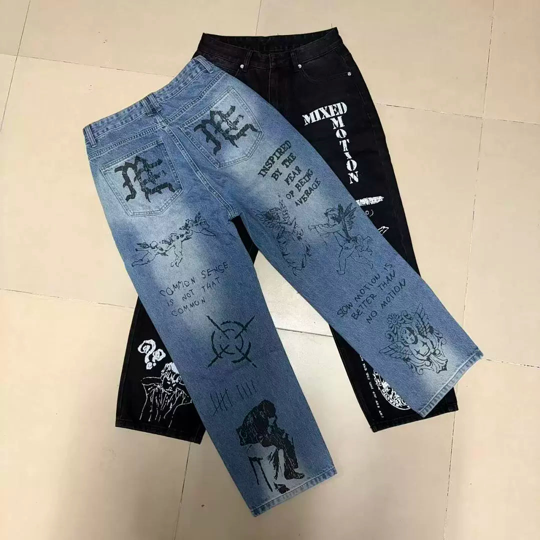Mixed Motion Angel Sketch Print Baggy Denim Jeans