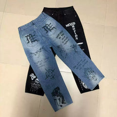 Mixed Motion Angel Sketch Print Baggy Denim Jeans