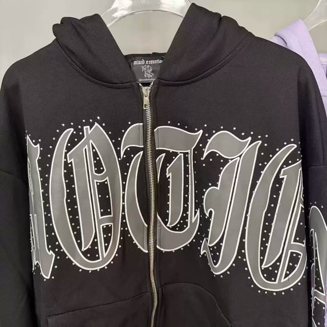 Mixed Emotion Rhinestone Gothic Letter Zip‑Up Hoodie