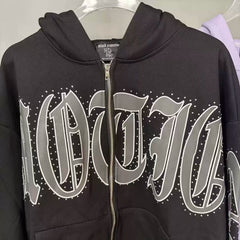 Mixed Emotion Rhinestone Gothic Letter Zip‑Up Hoodie
