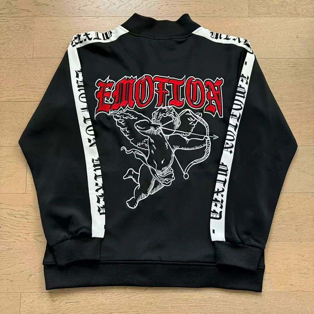 Mixed Emotion Cupid Angel Print Zip‑Up Track Jacket