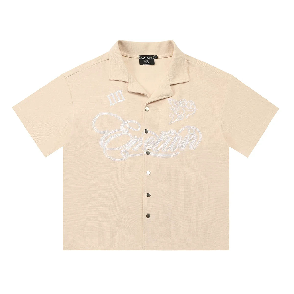 Mixed Emotion Short Sleeve Shirt – White Embroidered Emotion Print