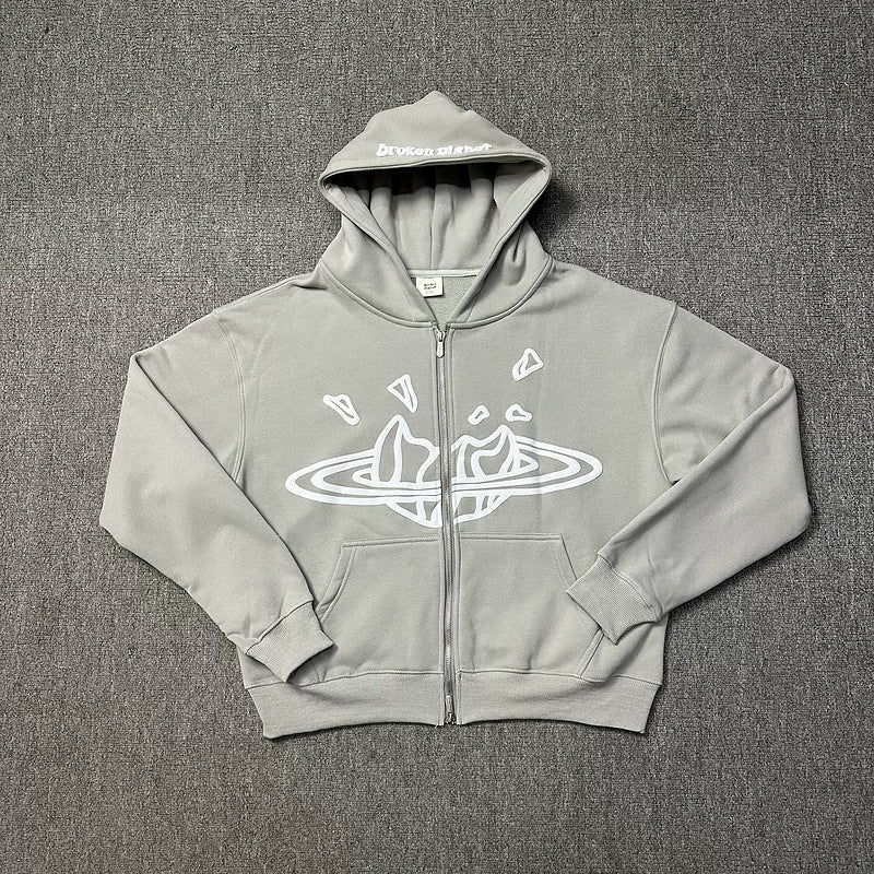 Broken Planet Cracked Planet Zip Hoodie - Smoke Grey