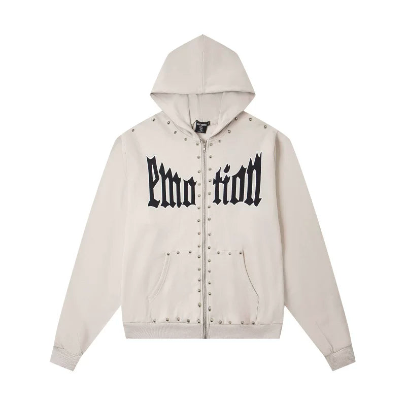 Mixed Emotion Studded Gothic Logo Zip‑Up Hoodie