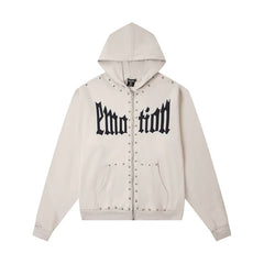 Mixed Emotion Studded Gothic Logo Zip‑Up Hoodie