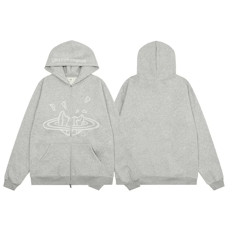 Broken Planet Cracked Planet Zip Up Hoodie - Heather Grey