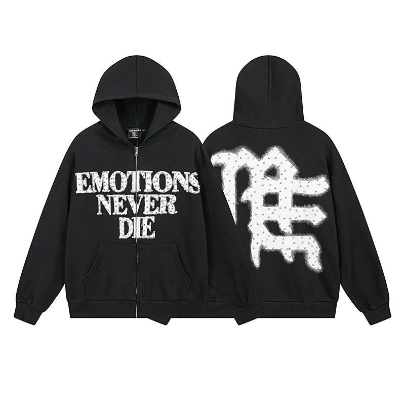 Mixed Emotion Black Zip Hoodie – White Emotions Never Die Print