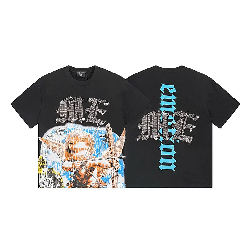 Mixed Emotion Black Tee – Gothic Cross Cupid Rhinestone Print