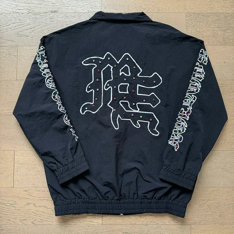 Mixed Emotion Rhinestone Logo Zip‑Up Track Jacket