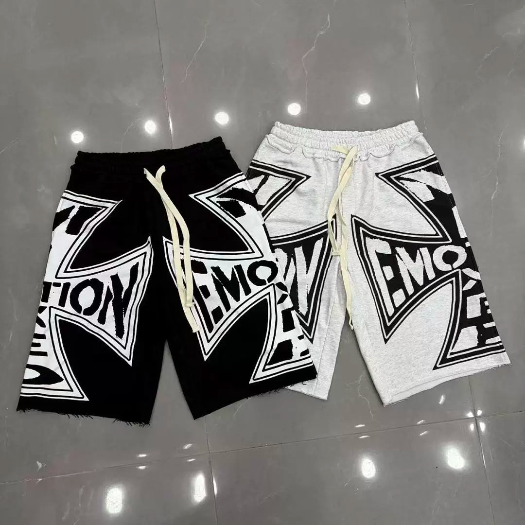 Mixed Emotion Cross Logo Frayed Hem Sweat Shorts