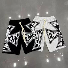 Mixed Emotion Cross Logo Frayed Hem Sweat Shorts