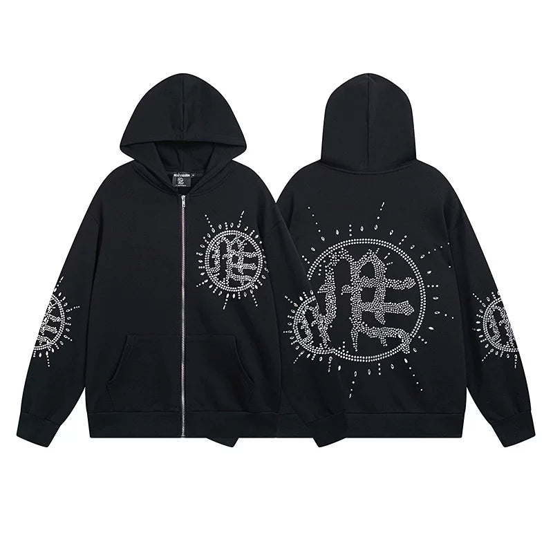 Mixed Emotion Black Zip Hoodie – White Rhinestone Logo Print