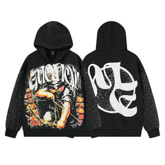 Mixed Emotion Vintage Archer Graphic Rhinestone‑Sleeve Hoodie