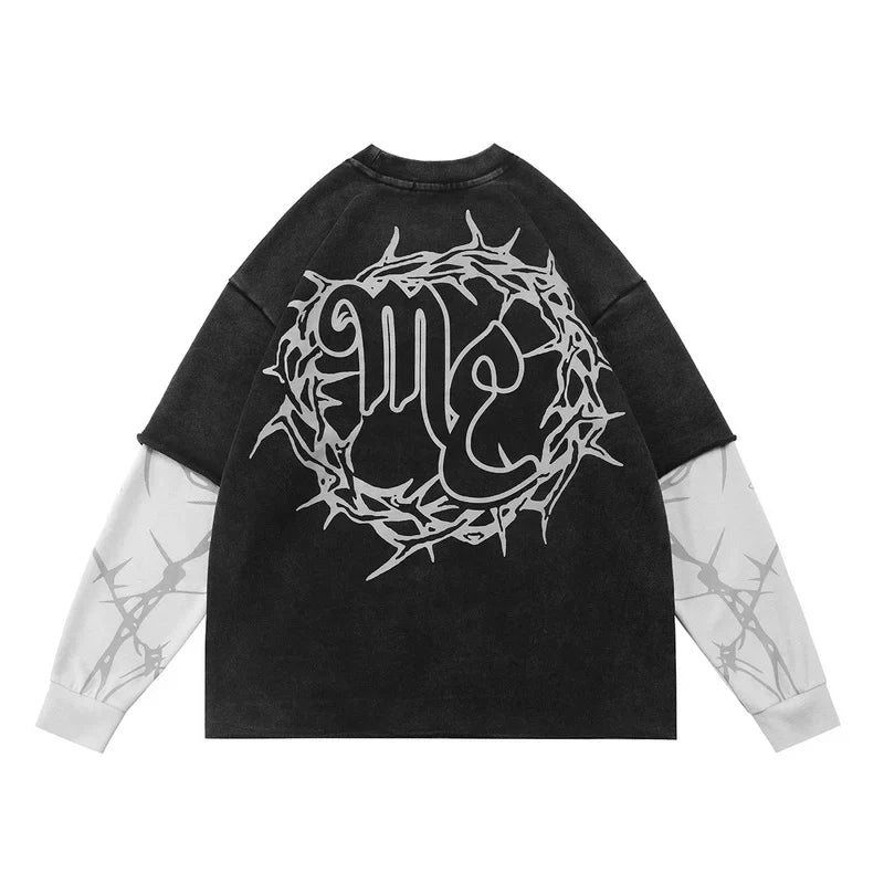 Mixed Emotion Dark Grey Two-Layer Pullover – Thorn Ring Emotion Print