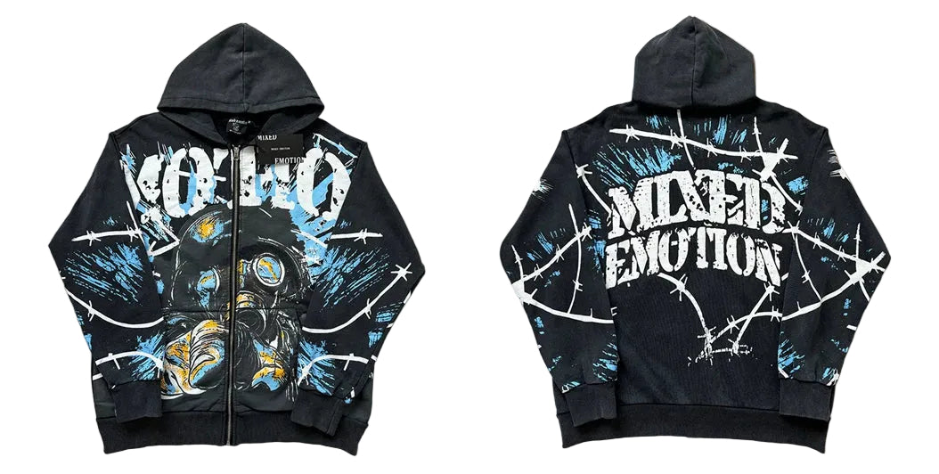 Mixed Emotion Black Zip Hoodie – White Skull Graffiti Print