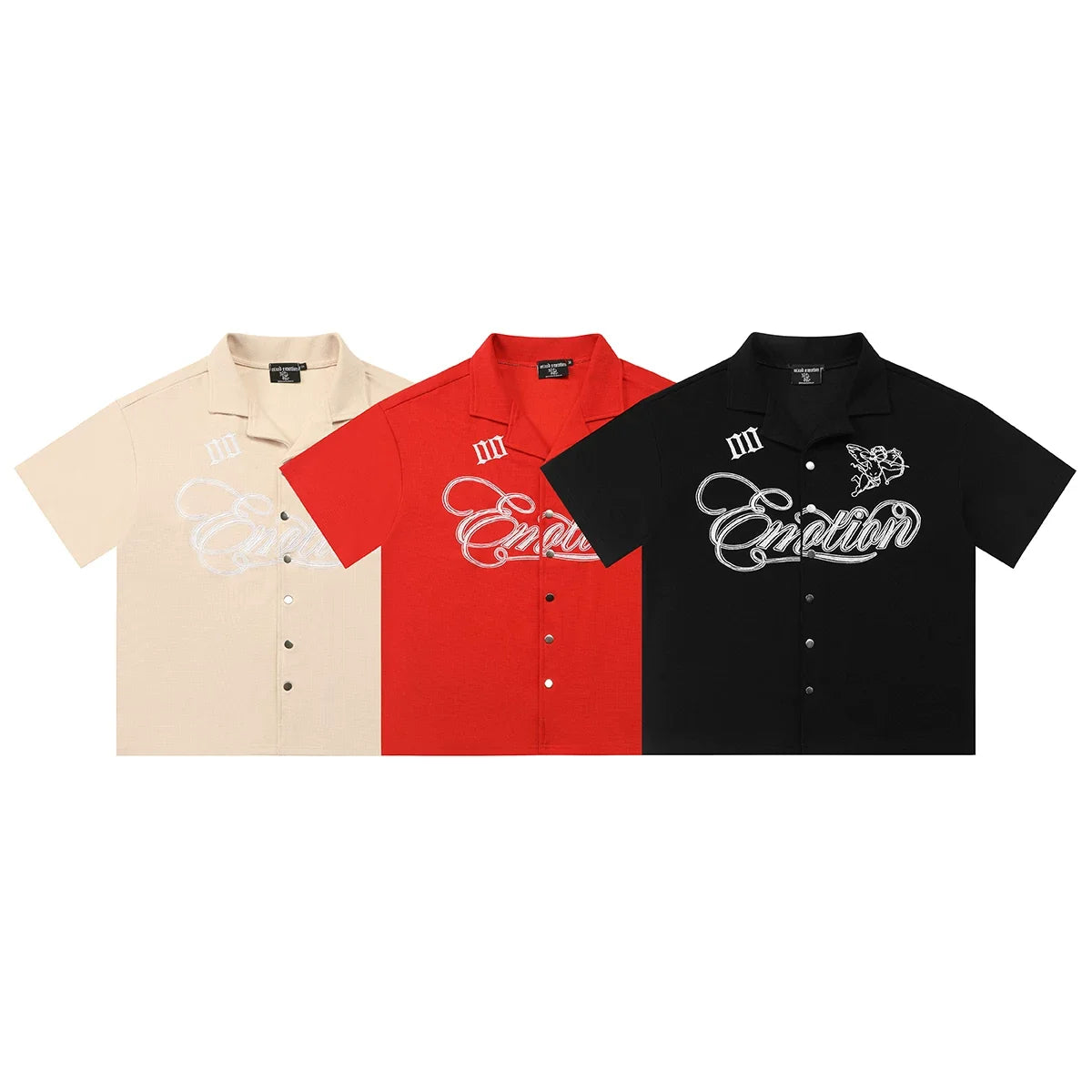 Mixed Emotion Short Sleeve Shirt – White Embroidered Emotion Print