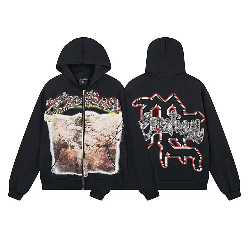 Mixed Emotion Black Zip Hoodie – Emotion Angel Vintage Print