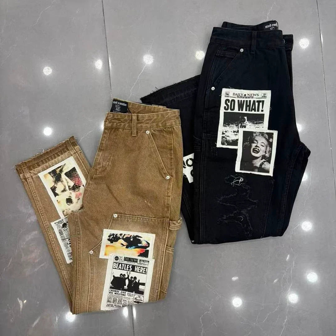 Mixed Emotion Newspaper Patchwork Flare Cargo Jeans