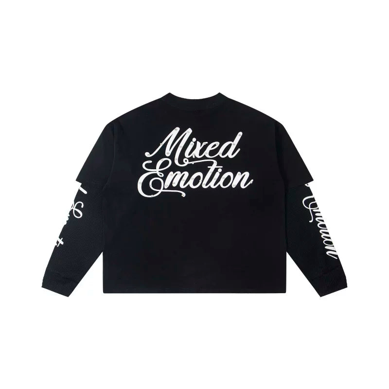 Mixed Emotion Black Long Sleeve Two-Layer Pullover – Cupid Mixed Emotion Print