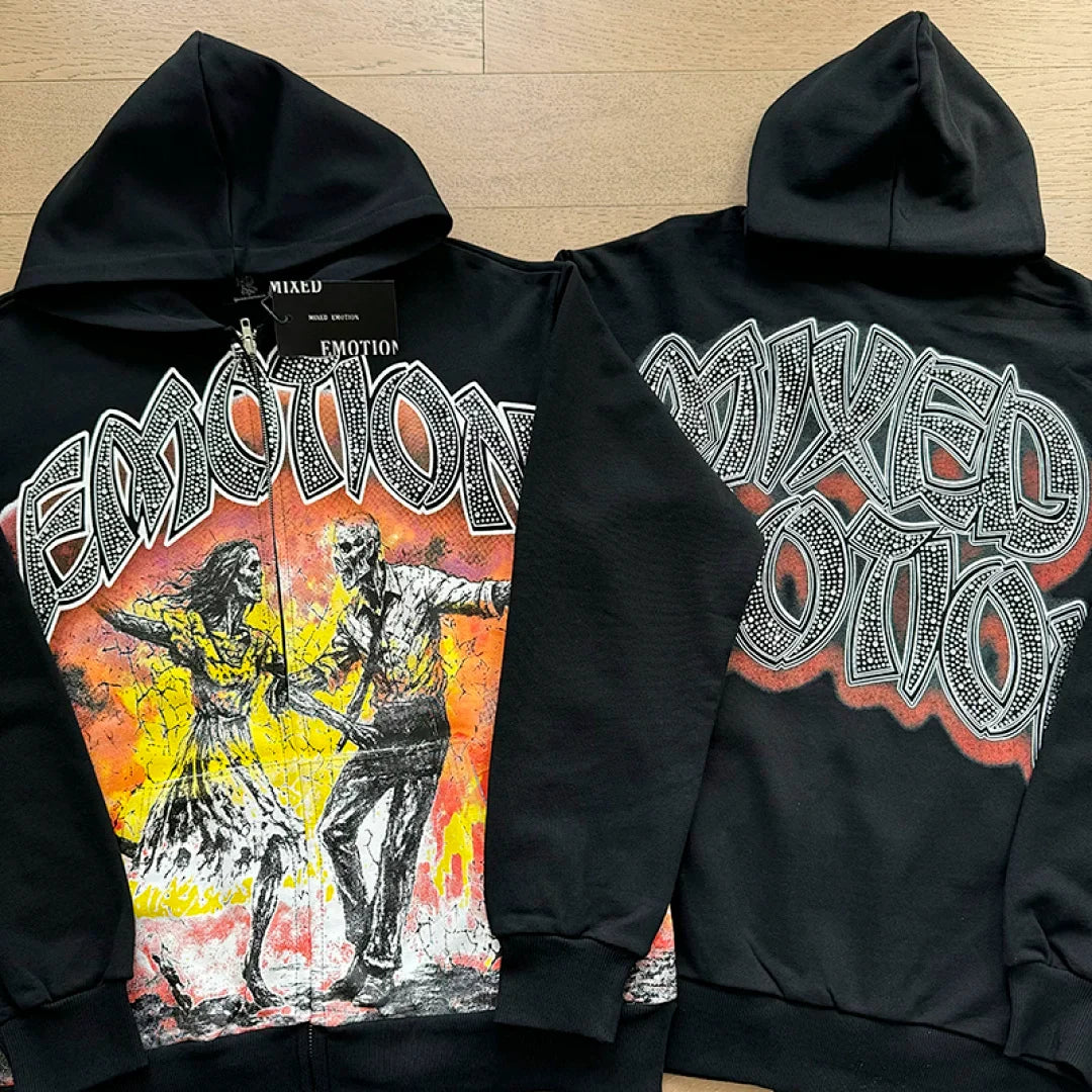 Mixed Emotion Skeleton Graphic Zip‑Up Hoodie Sweatpants Set