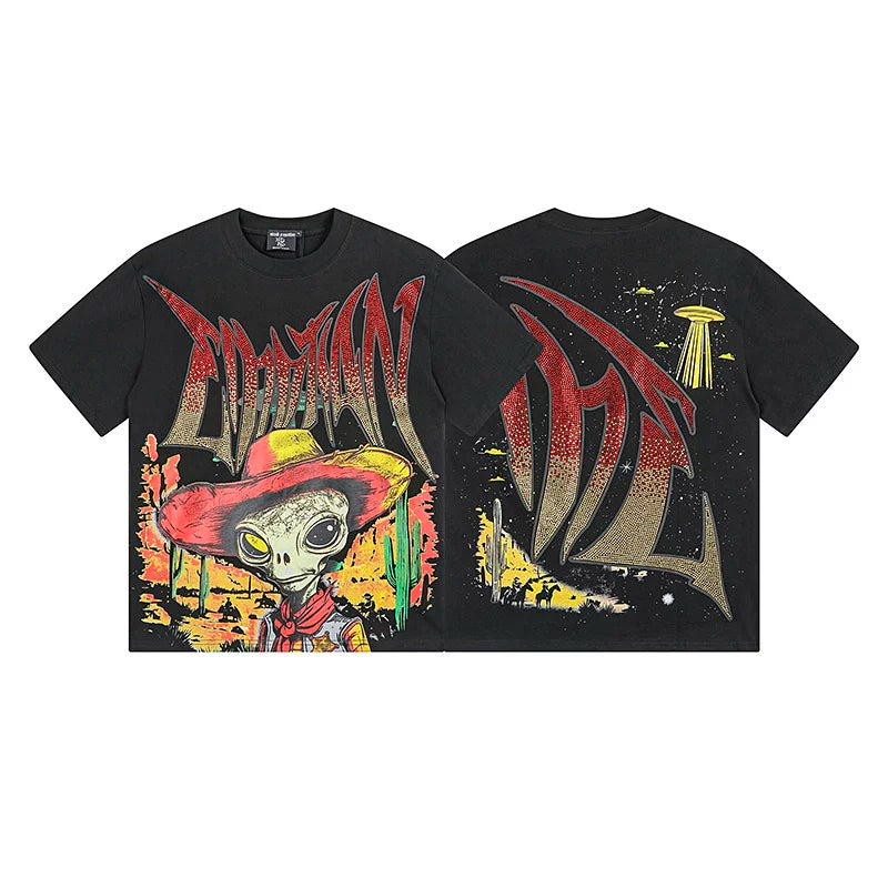 Mixed Emotion Black Tee – Western Alien Cowboy UFO Print