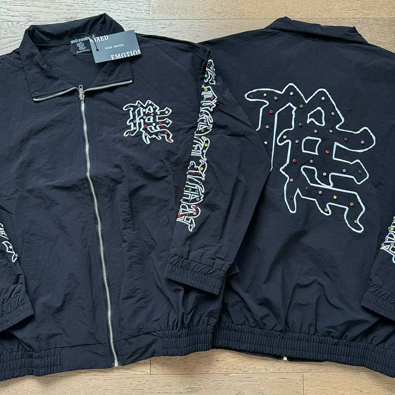 Mixed Emotion Rhinestone Logo Zip‑Up Track Jacket