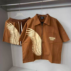 Mixed Emotion Wing Print Zip‑Up Shirt & Shorts 2‑Piece Set