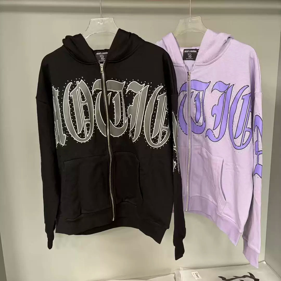 Mixed Emotion Rhinestone Gothic Letter Zip‑Up Hoodie