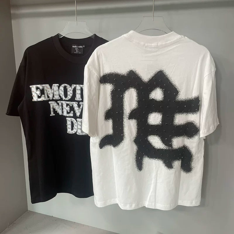 Mixed Emotion White Tee – Studded Emotions Never Die Back Print