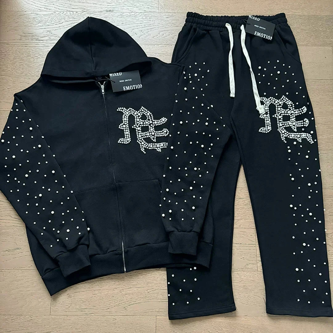 Mixed Emotion Rhinestone Logo Zip‑Up Hoodie Tracksuit Set