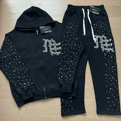 Mixed Emotion Rhinestone Logo Zip‑Up Hoodie Tracksuit Set