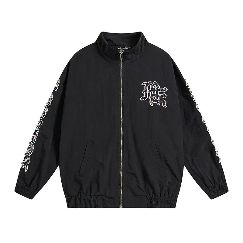 Mixed Emotion Rhinestone Logo Zip‑Up Track Jacket