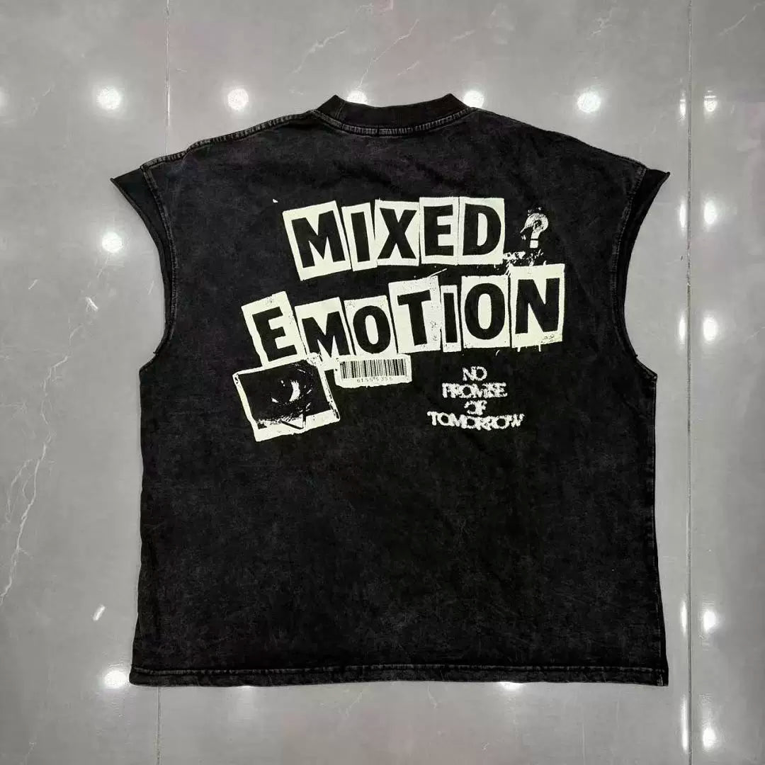 Mixed Emotion Washed Graphic Cut‑Off Sleeveless Tank Top