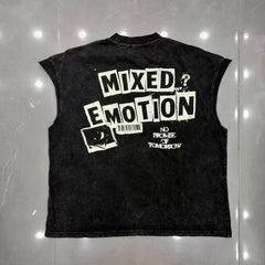 Mixed Emotion Washed Graphic Cut‑Off Sleeveless Tank Top