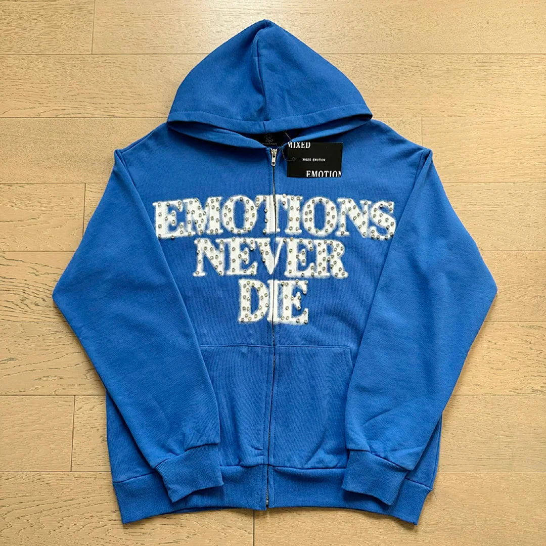 Mixed Emotion Emotions Never Die Rhinestone‑Effect Zip‑Up Hoodie