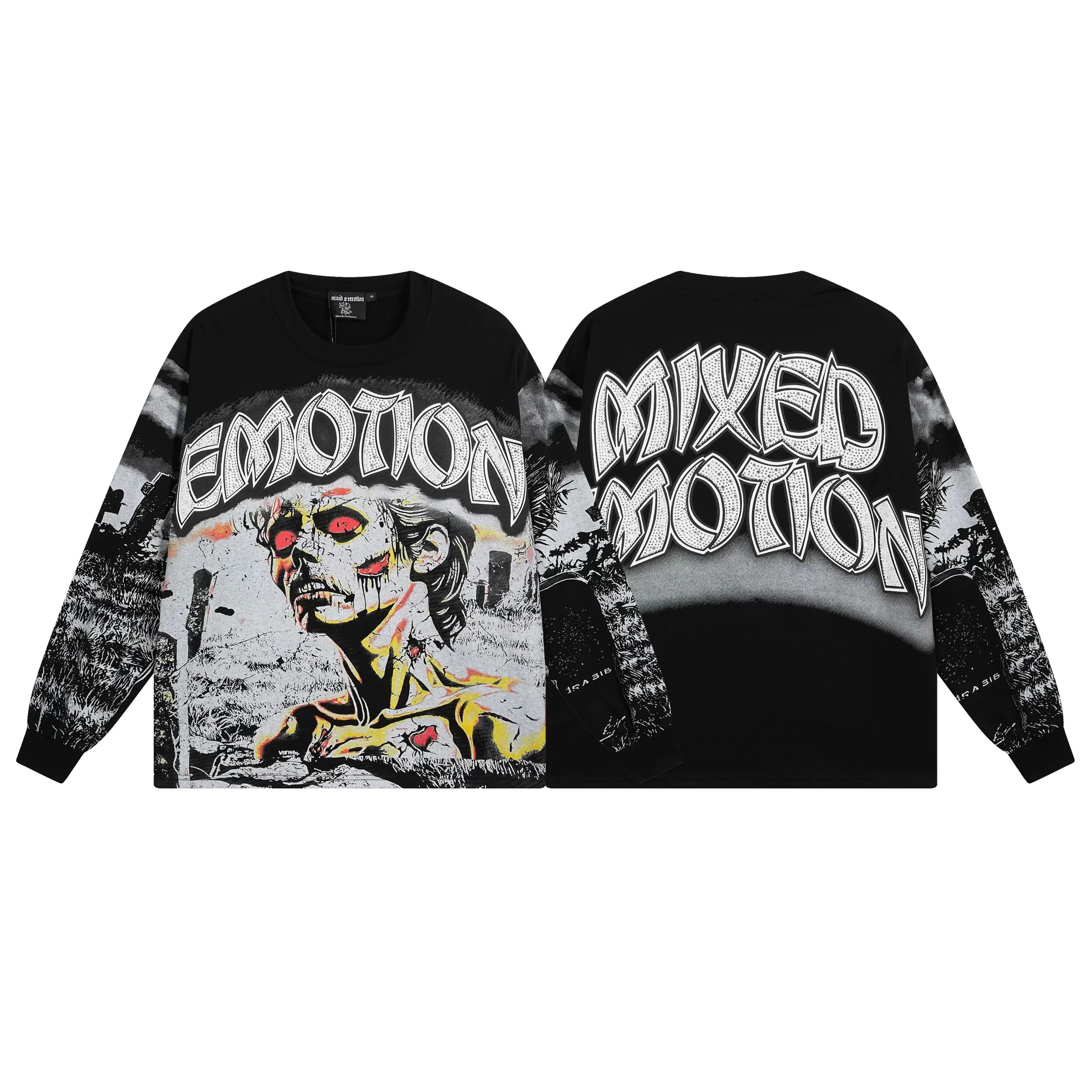 Mixed Emotion Zombie Graveyard Front‑Back Print Long‑Sleeve Tee