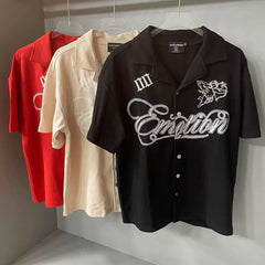 Mixed Emotion Short Sleeve Shirt – White Embroidered Emotion Print