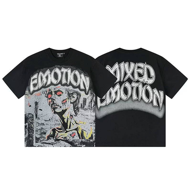 Mixed Emotion Black Tee – Red Eye Scars Emotion Graffiti Print
