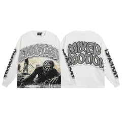 Mixed Emotion White Zombie Graveyard Front‑Back Print Long‑Sleeve Tee